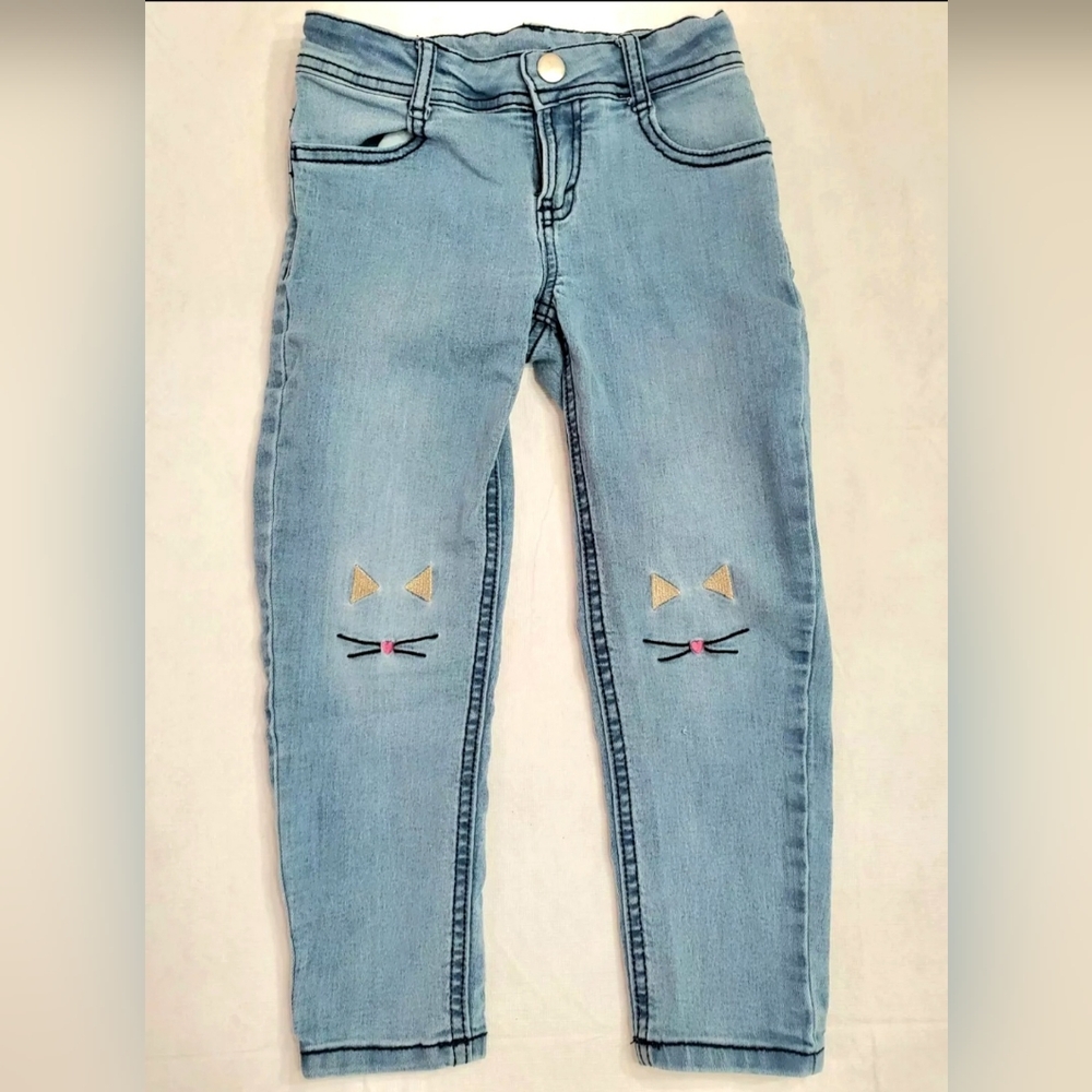 Gymboree girls Blue jeans Cute Cat Face On knees